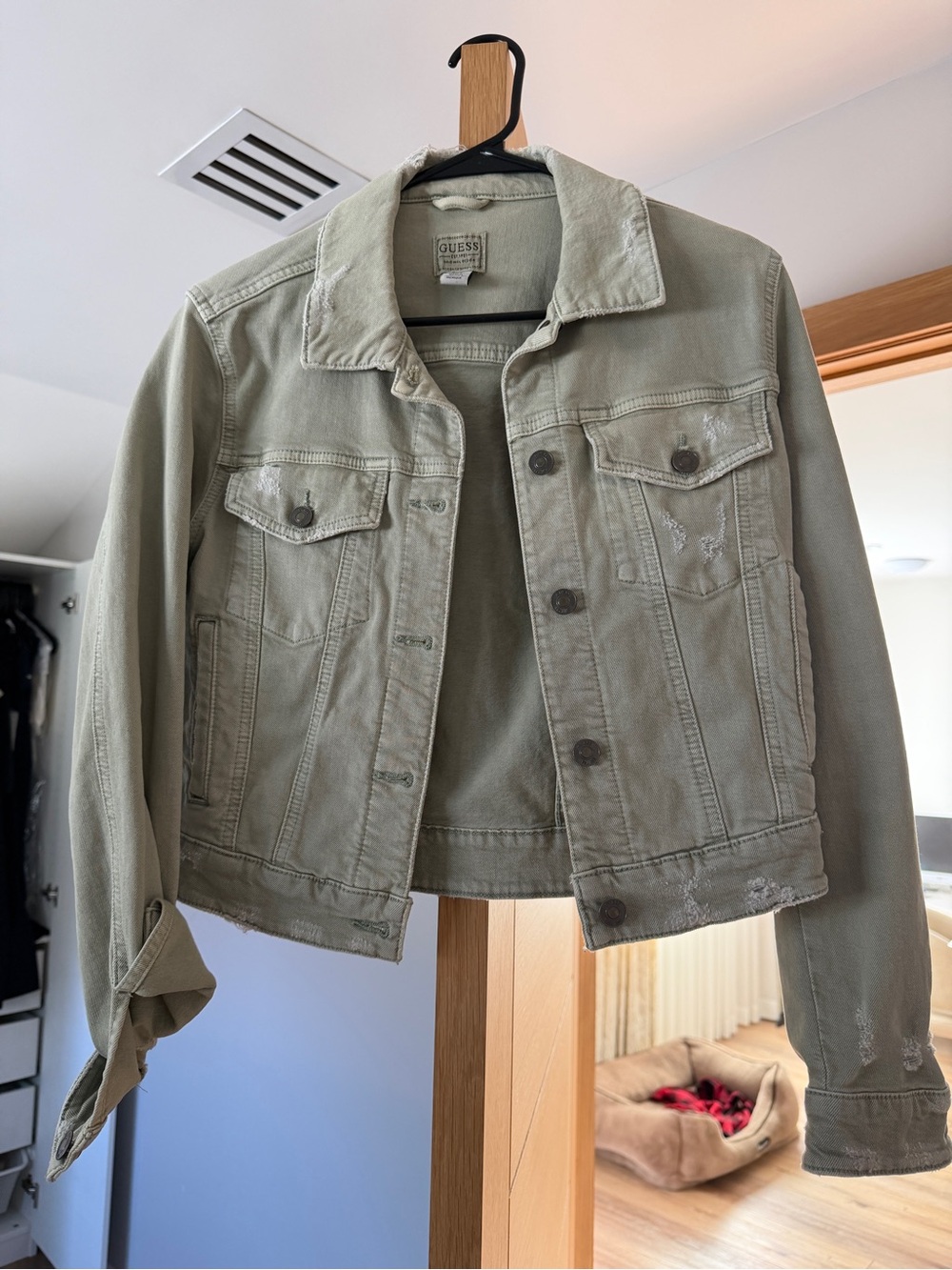 GUESS Light Olive Green Distressed Denim Jacket